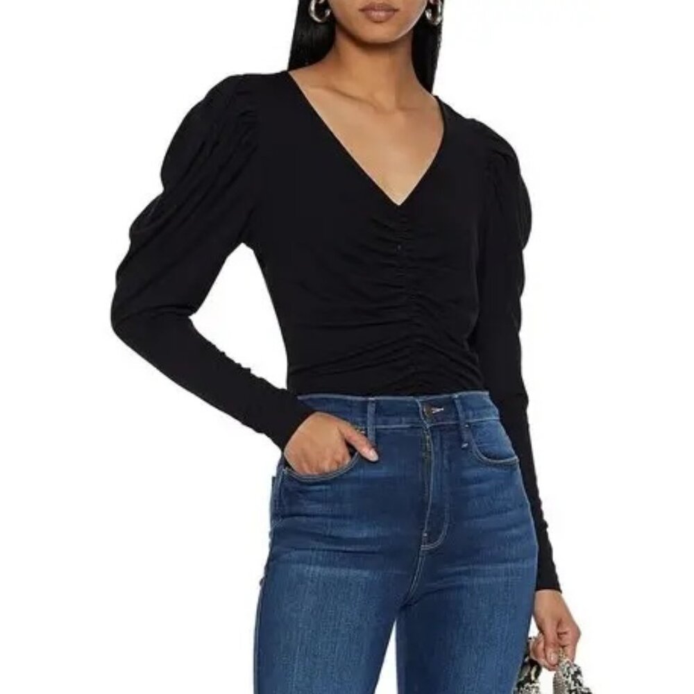 Frame Agnes Ruched Knit Black Long Sleeve Top, size XS